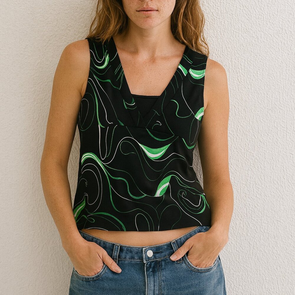 JKLA California Green Swirl Sleeveless Top M/L 2000s Y2K Retro Blouse